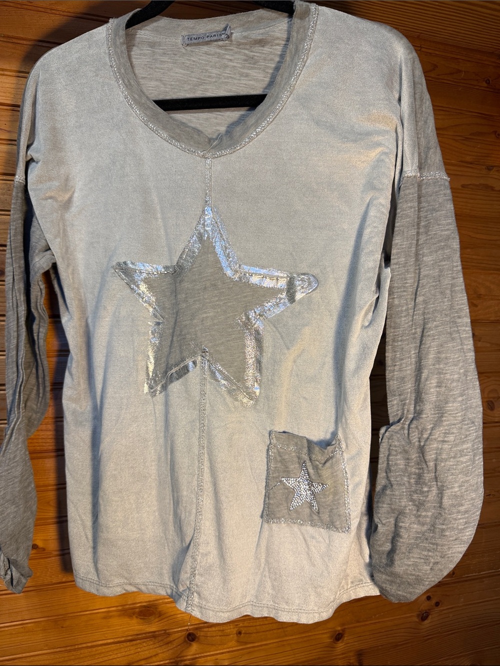 Tempo Paris Silver Star Light Gray Long Sleeve Tee s/m